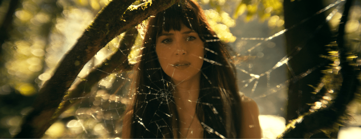 Dakota Johnson as Cassandra Webb looking at a spider web in a still from Madame Web.